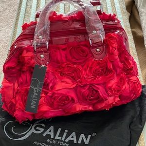 Red fabric roses handbag with handles New